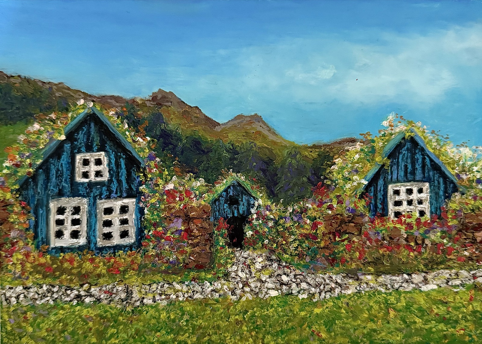 Turf Houses — painting by Kelly Laura.