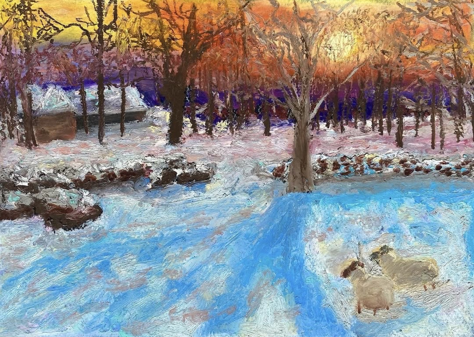 Winter Sheep — Oil Pastel painting by Kelly Laura.